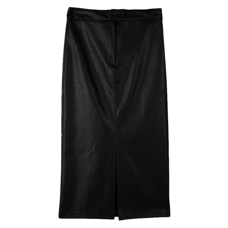 PU Leather High Waist Mid-Length Slimming Skirt with Buttons & Zippers