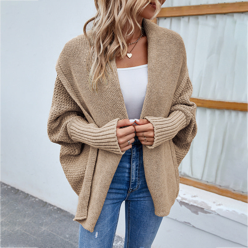 Loose Knit Solid Color Bat Sleeve Large Lapel Cardigan Sweater for Women Autumn Winter Jacket