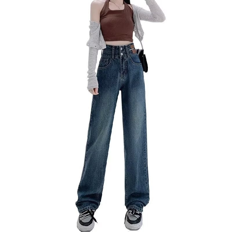 Retro Blue High Waist Straight Wide Leg Jeans Plus Size Women