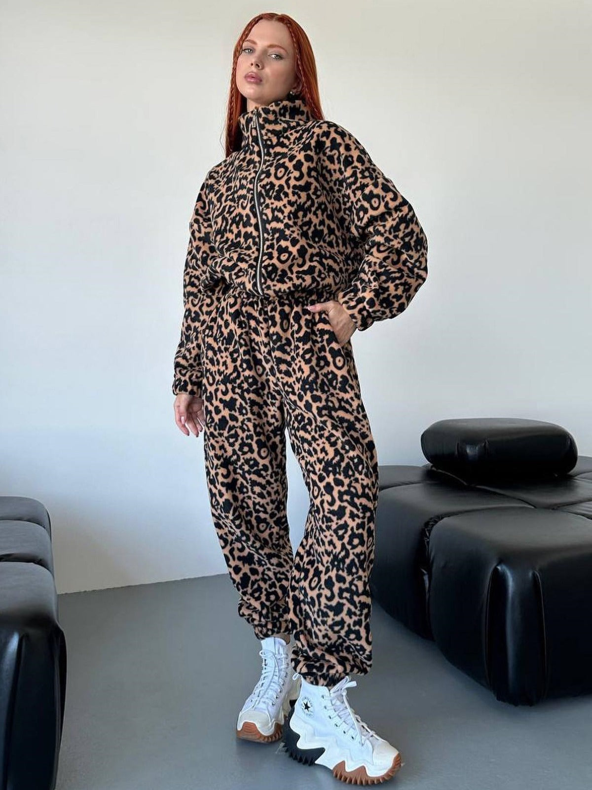 Ensemble de survêtement en coton ample avec fermeture éclair et imprimé léopard pour femme