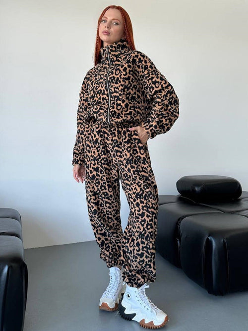 Women's Loose Leopard Print Zipper Sweater Suit Cotton