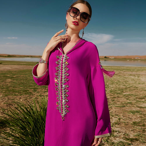 Women's Rose Red Hooded Moroccan Style Dress with V-Neck and A-Line Skirt
