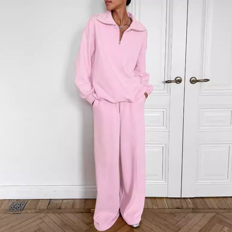 Women's Fashion Long-Sleeve Sweater Set with Pants Polyester Pink Black S-XL