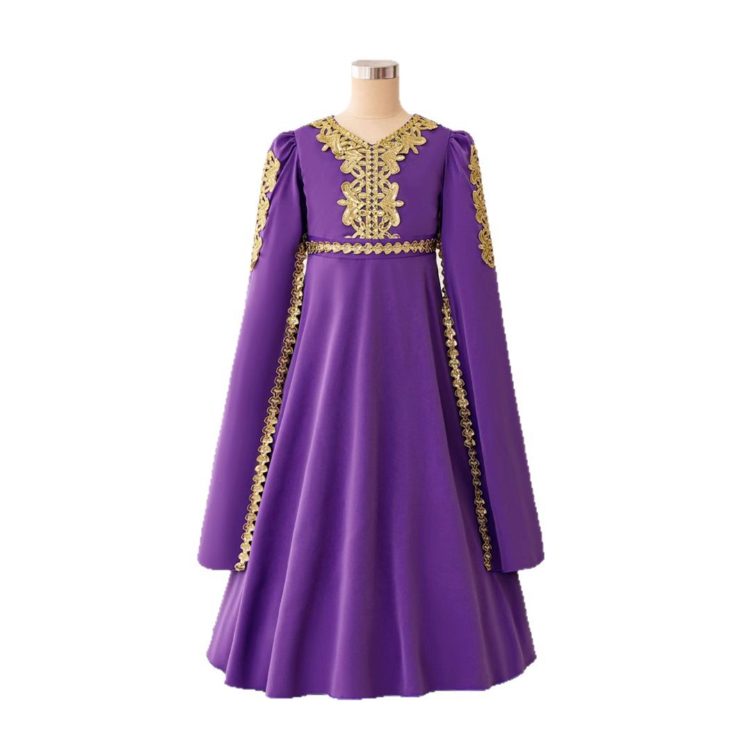Robe longue bouffante violette en mousseline de soie à manches longues pour fille, ornée de rubans, style princesse du Moyen-Orient