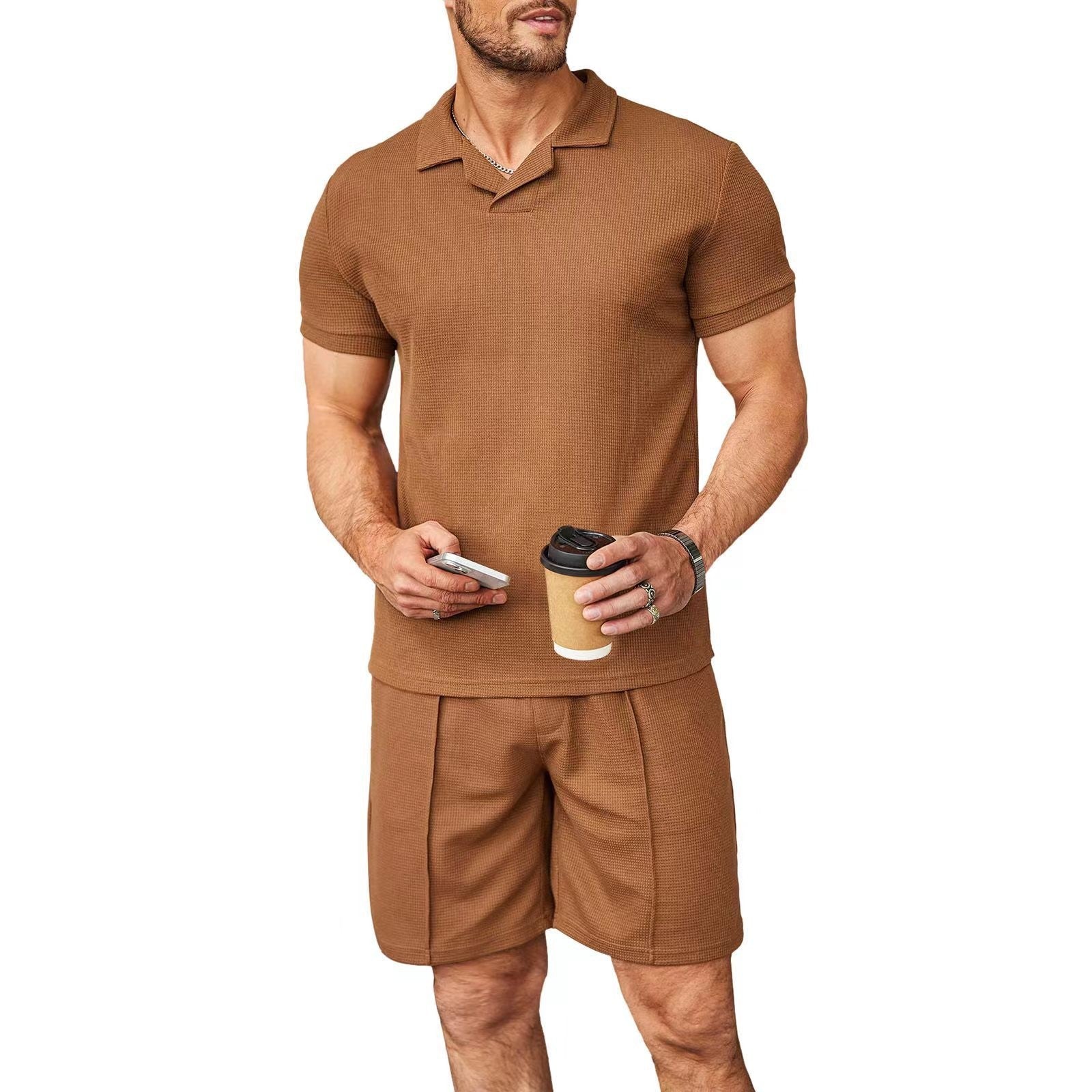 Lot de 2 polos à col en V pour homme, manches courtes, style gaufré, t-shirt décontracté d'été