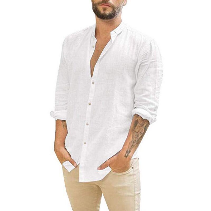 Solid Color Stand-Up Collar Loose Cotton Shirt