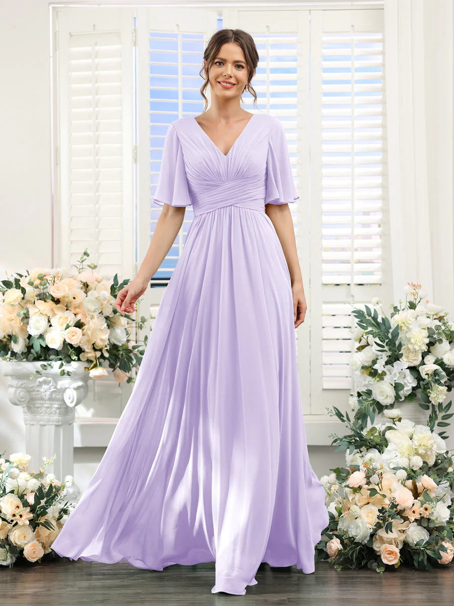 Robe de soirée longue en mousseline de soie à col en V et manches papillon