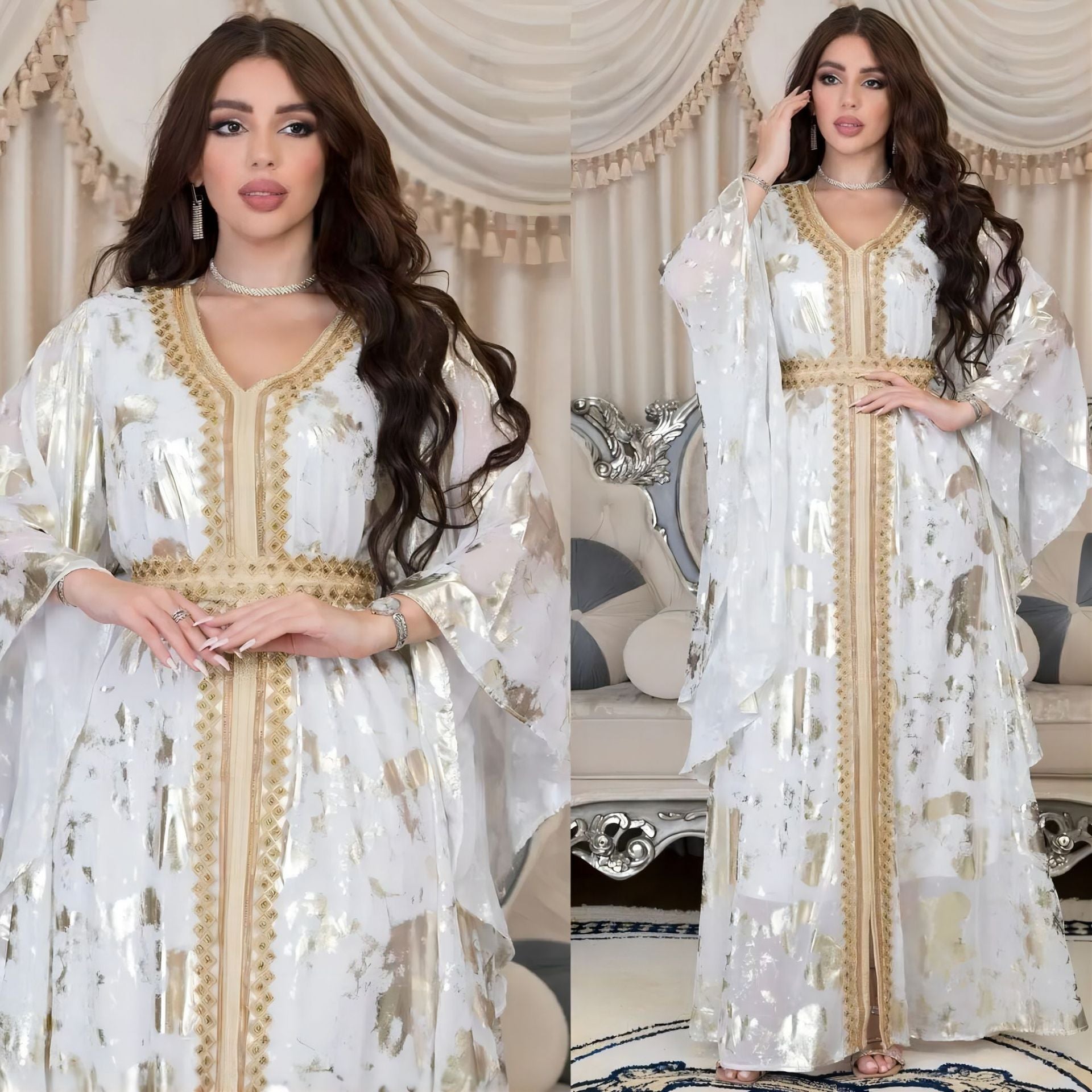 Muslim Chiffon Bronzing Long Sleeve Robe with Belt Dress
