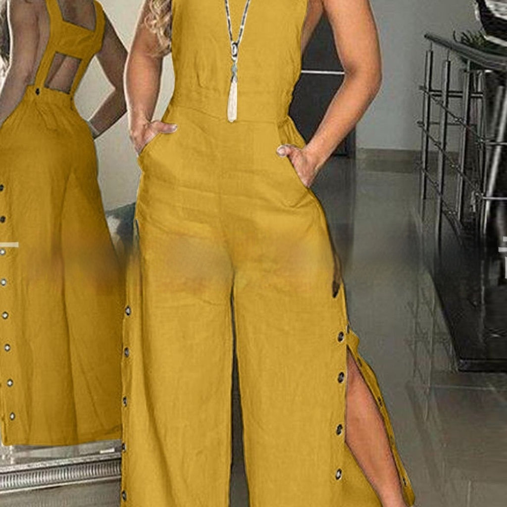 Women's Sleeveless Solid Color Wide Leg Jumpsuit with Side Pockets and Buckle