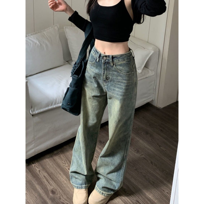 Retro Blue Washed-Out Wide Leg Denim Pants for Women - Loose, Figure Flattering, Distressed Style