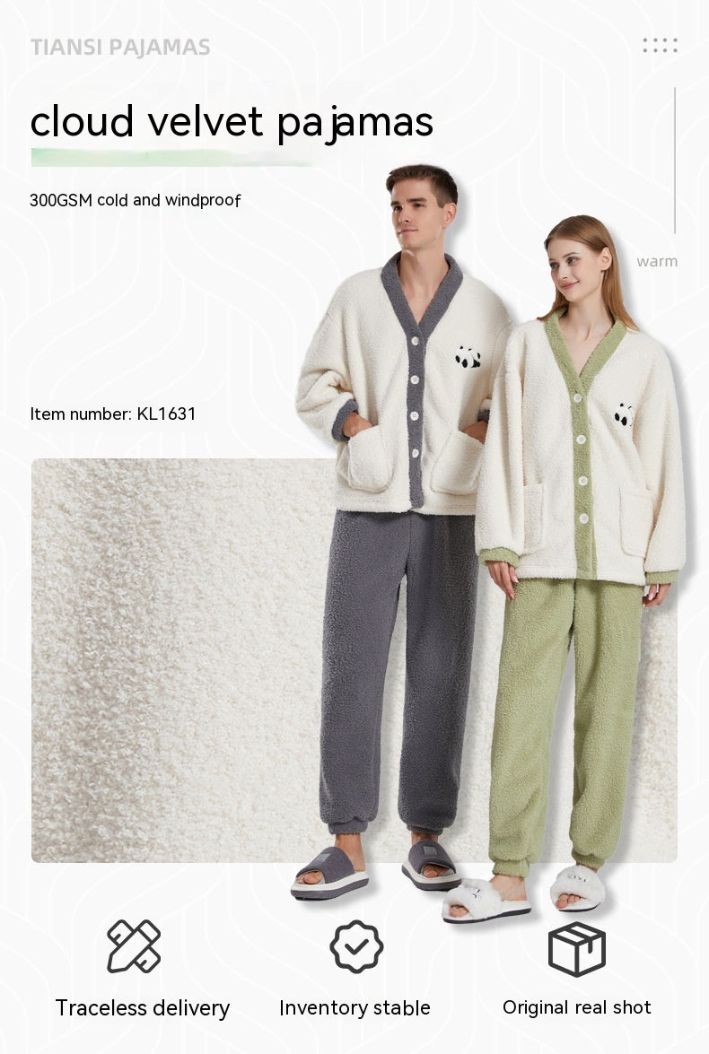 Winter Couple Pajamas Women Thickened Coral Fleece Half Velvet Cartoon Panda Suit
