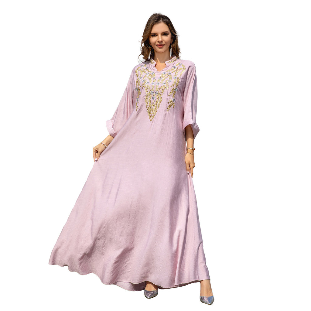 Robe longue brodée rose et blanc pour femmes musulmanes, tailles M-XXL