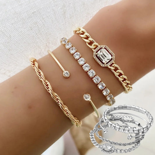 🎁 Bijoux fantaisie : Ensemble de 4 bracelets en cristal, style bohème, vintage et luxueux, avec chaînes de manchette torsadées (100 % de réduction)