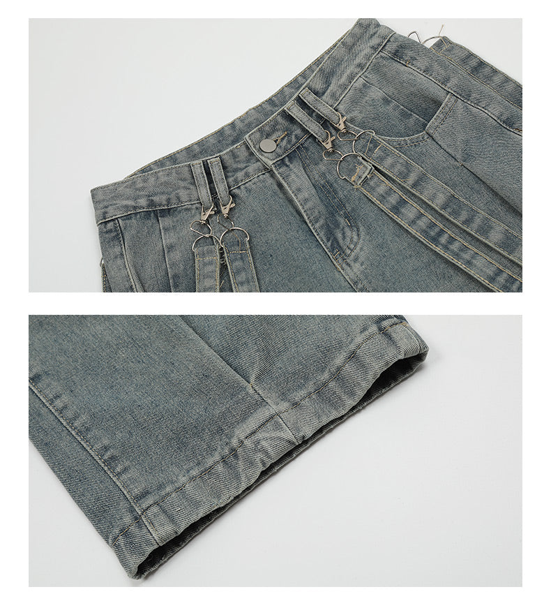 Retro Ribbon Design Washed Distressed Casual Denim Pants