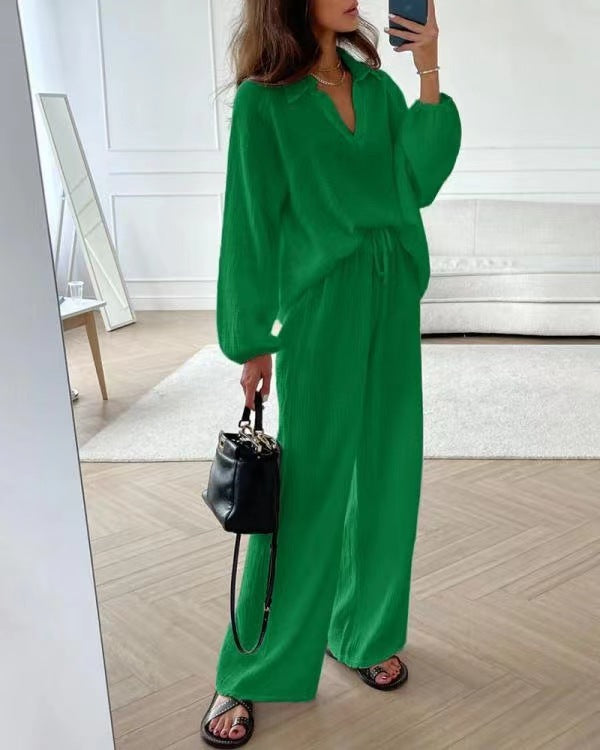 Ensemble élégant haut et pantalon décontracté en polyester pour femme, disponible en plusieurs coloris