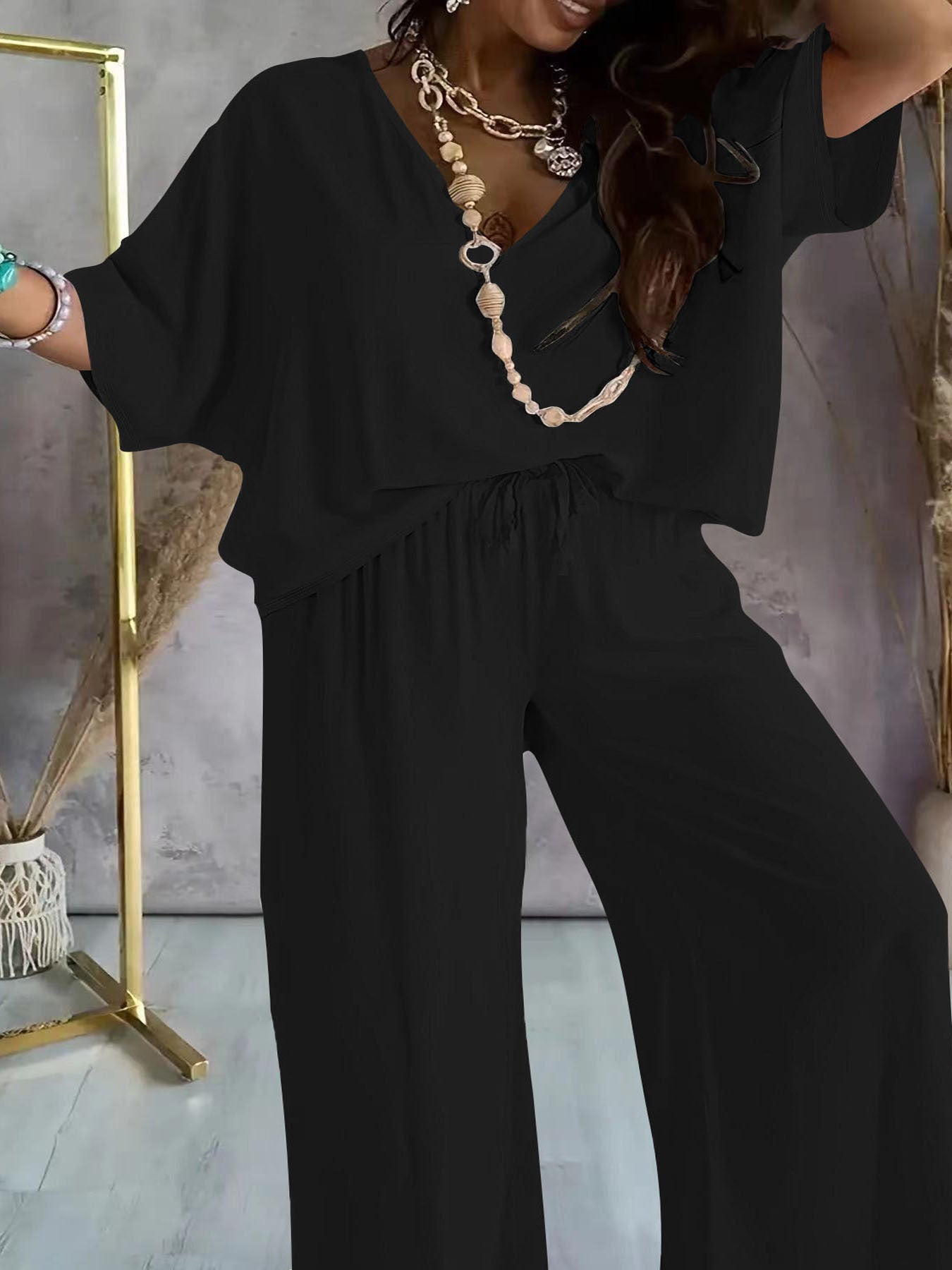 V-Neck Batwing Sleeve Loose Wide Leg Pants Suit for Women