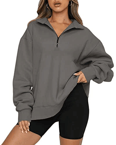 Sweat-shirt zippé femme à col rabattu – Haut pull ample et décontracté