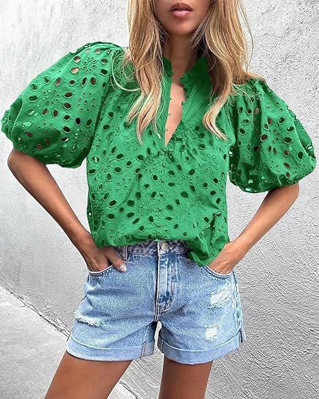 Women's Lantern Sleeve V-Neck Buttoned Hollow Lace Embroidered Shirt