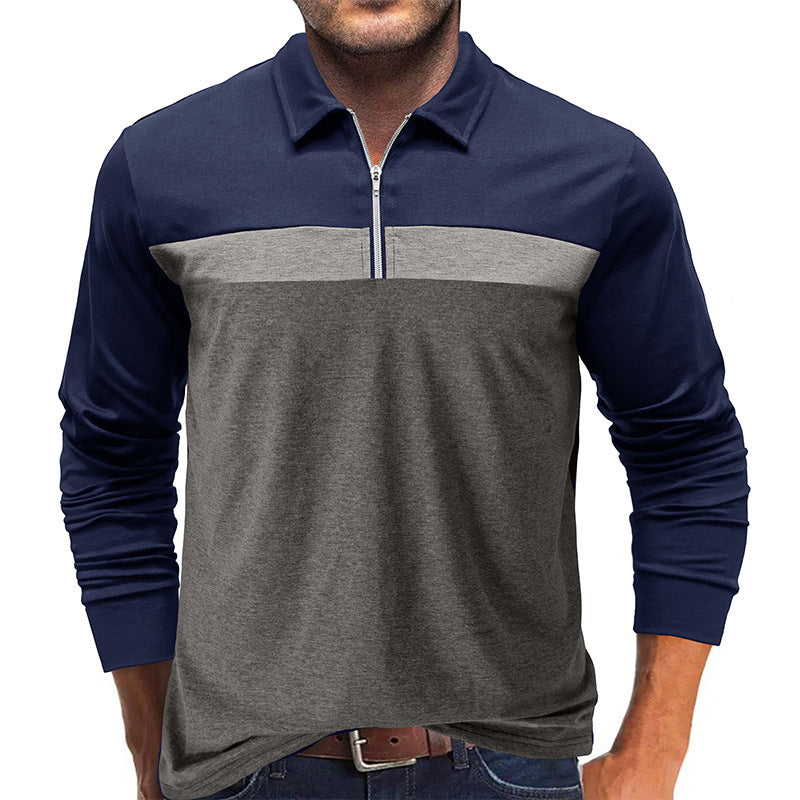 Men's Autumn Winter Lapel Colorblock Polo Shirt with Zipper Detail
