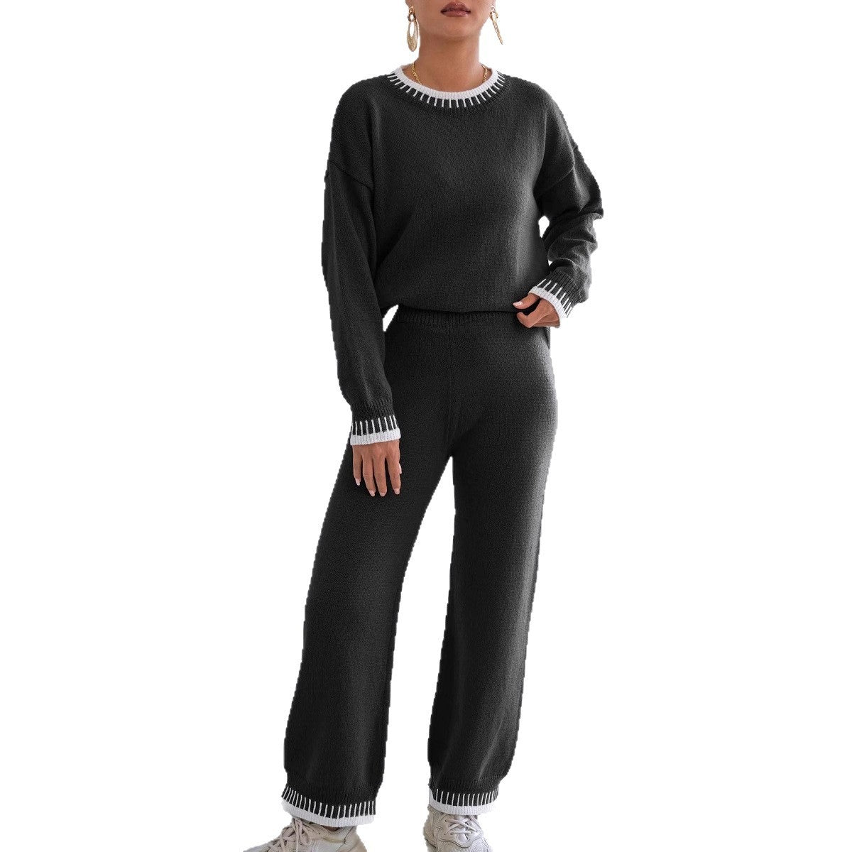 Women's Khaki & Black Woven Suit Pullover with Wide-Leg Pants