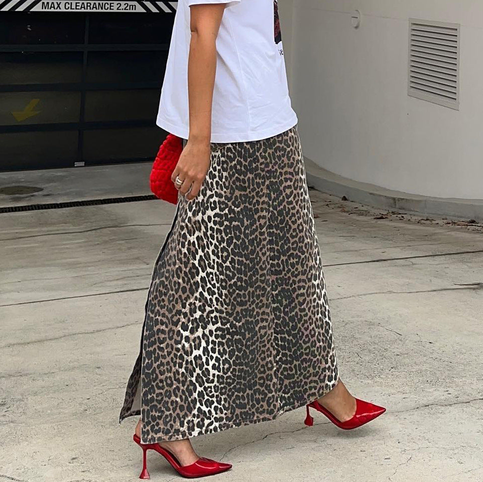 Commute Style Cotton Leopard Print Straight Ankle Skirt