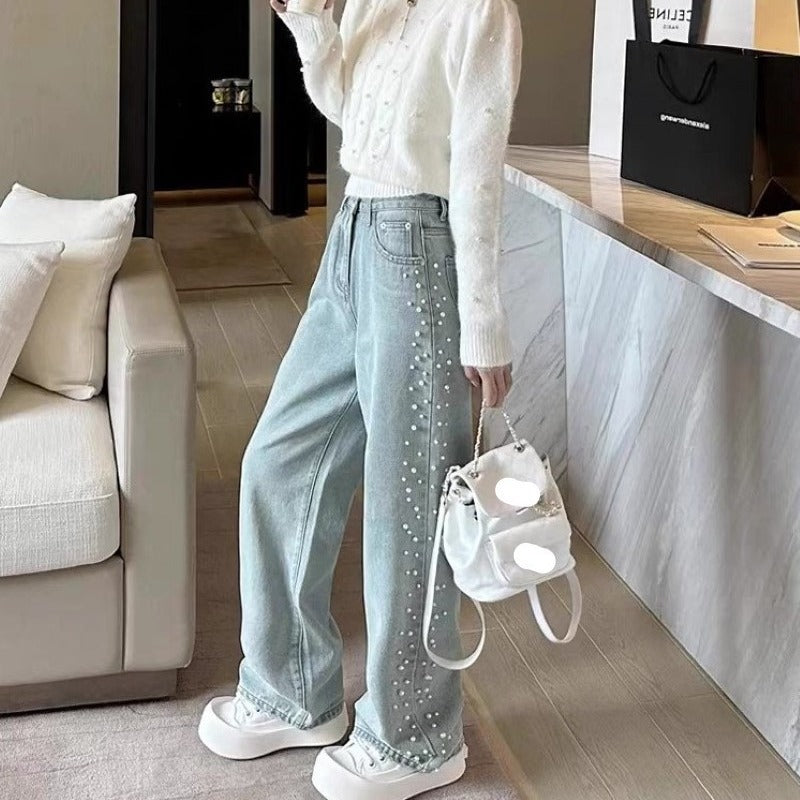 Vintage Washed Light Blue High Waist Wide Leg Denim Jeans