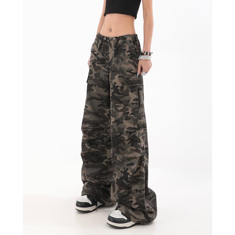 American Retro Women's Camouflage Denim Cargo Pants Summer Loose High Waist