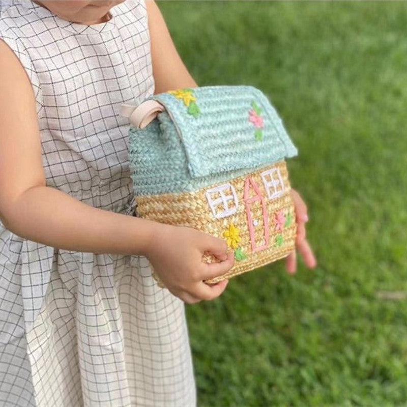 Children's Handmade Straw Bag with Cute House Embroidery 17x15x8cm