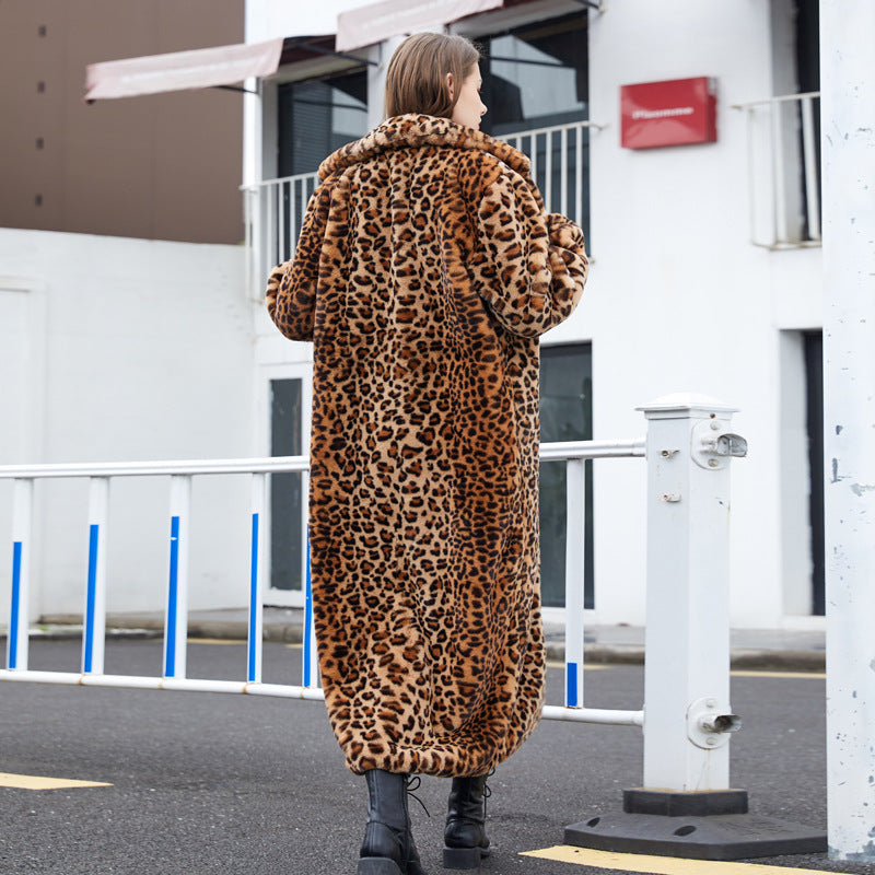 Faux Fur Leopard Print Rabbit Fur Long Suit Collar Coat