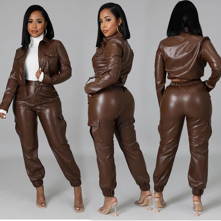 Slim PU Leather Fleece Trousers Overall Suit for Women