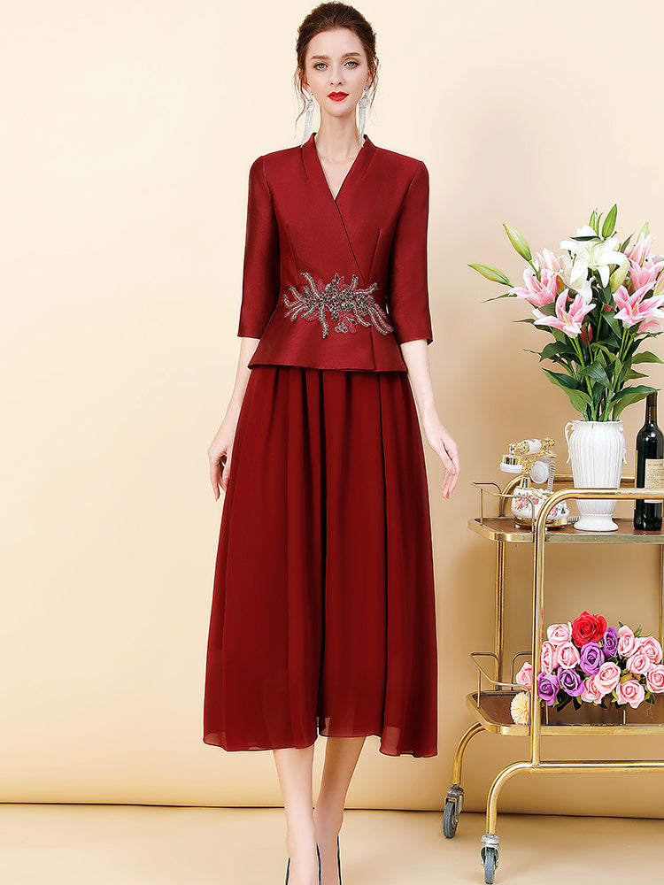 Middle Eastern Elegant Wine Red 2-Piece Suit Set