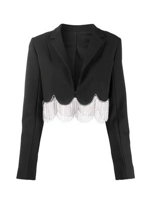Heavy Industry Tassel Diamond Chain Black Suit Jacket for Women
