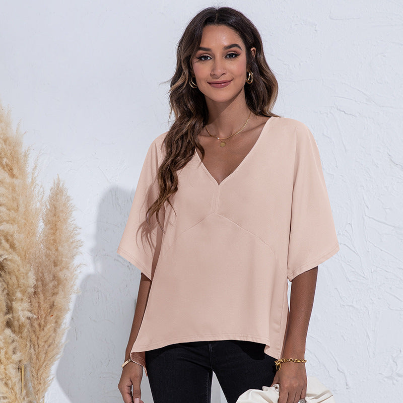 V-Neck Loose Fit Solid Color Polyester Top T-Shirt
