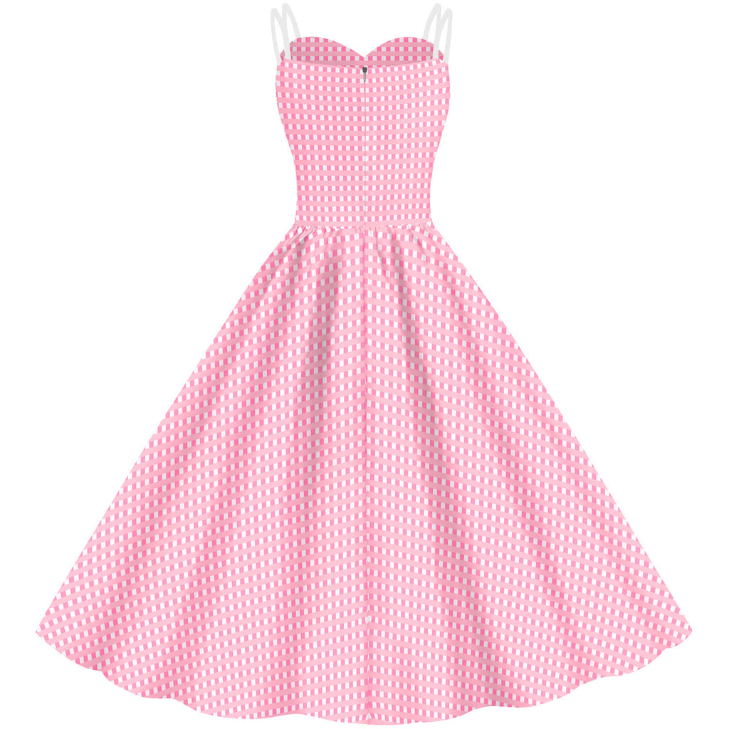 Women’s Barbie Pink Plaid Digital Print Dress