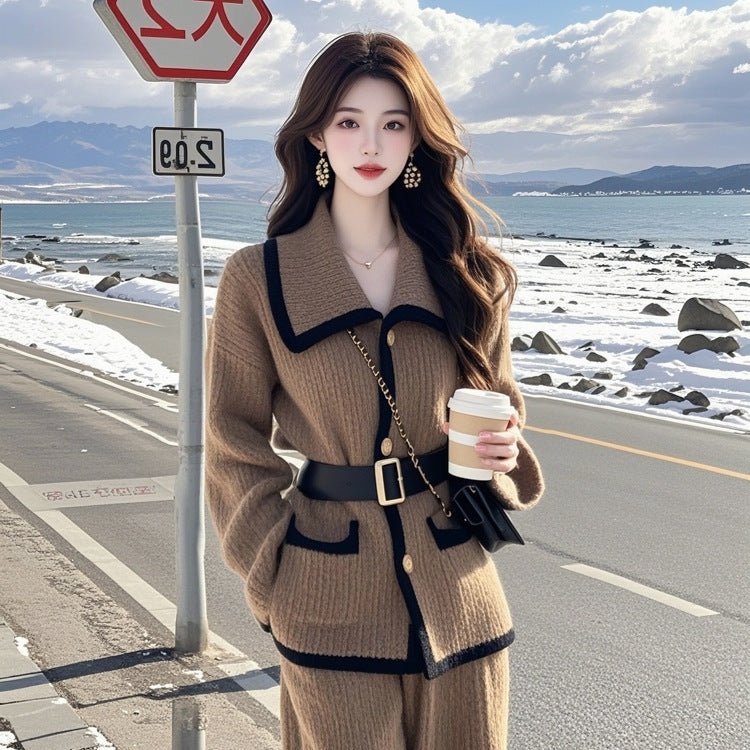 Brown Cotton Sweater Coat & Trousers Two-Piece Set for Women Free Size