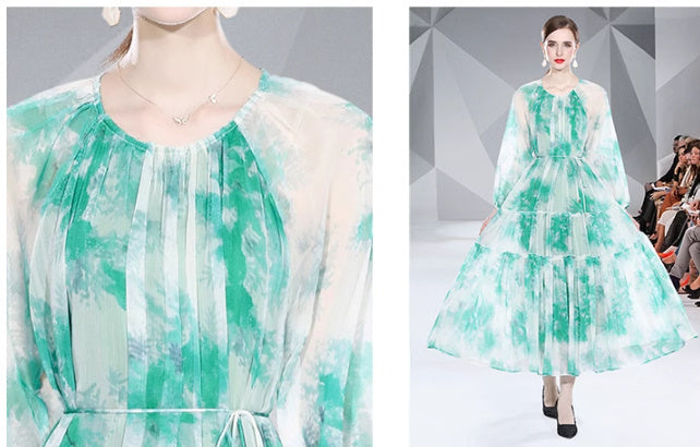 Long Sleeve Lacing Printed Chiffon Dress in Green & Yellow, Sizes M-2XL