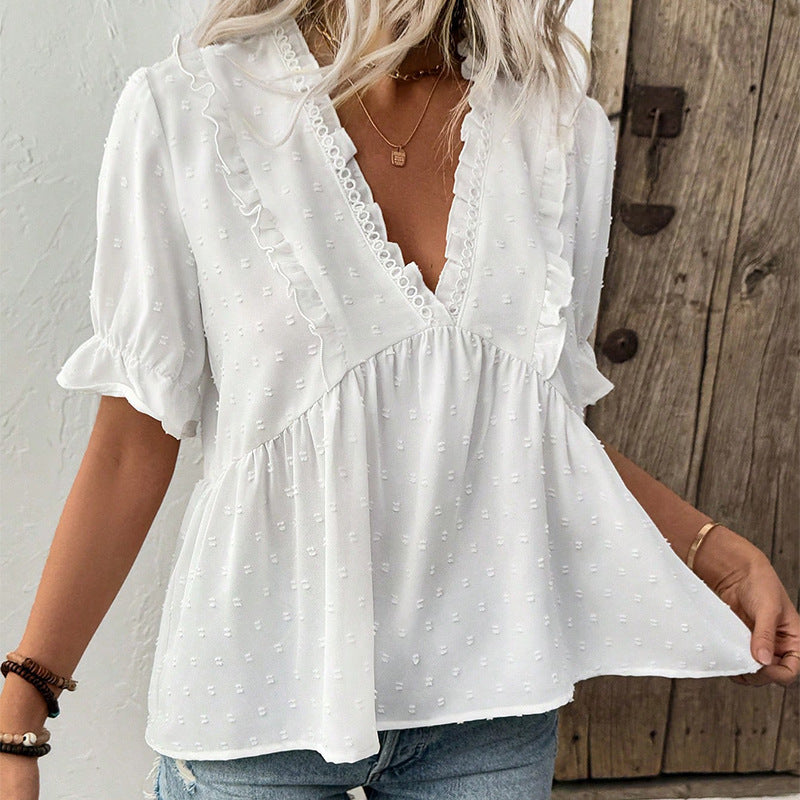 Women's White Lace Short-Sleeve Fur Ball Shirt with Cut Flower Design