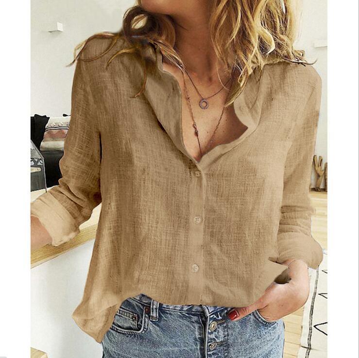 Plus Size Ladies Casual Loose Long-Sleeve Linen Shirt