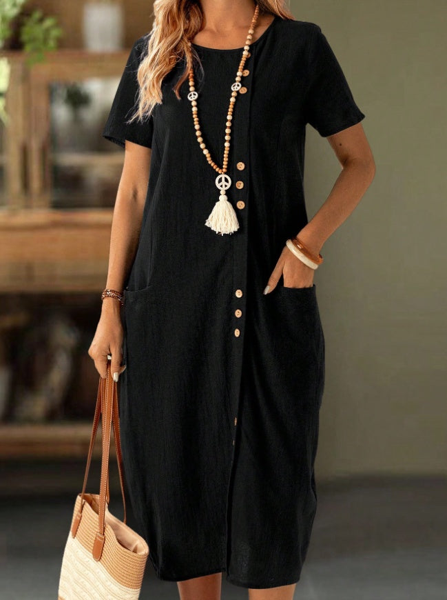 Women's Solid Color Button Front Short Sleeve Pocket Casual Dress
