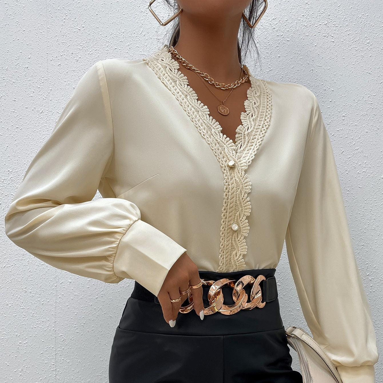 Elegant Apricot Eyelash Lace V-Neck Shirt for Women, Long Sleeve, Polyester, S-XL