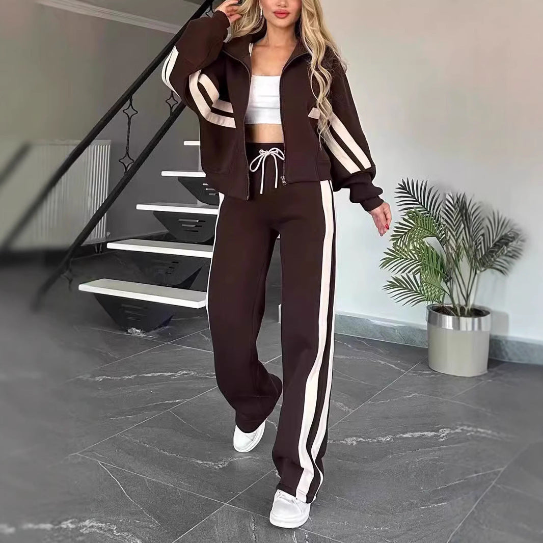 Women’s Casual Striped Zipper Coat and Trousers Set