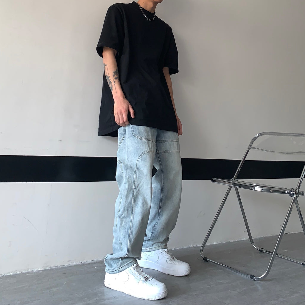 3D Washed Blue Denim High Waist Straight Jeans Trousers
