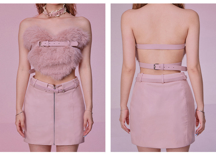 Heart Hair Bra and Leather Skirt Set for Autumn Winter