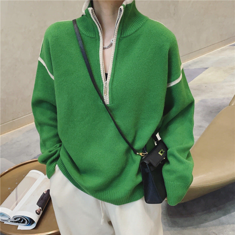 Pull-over col montant zippé ample pour femme à rayures multicolores