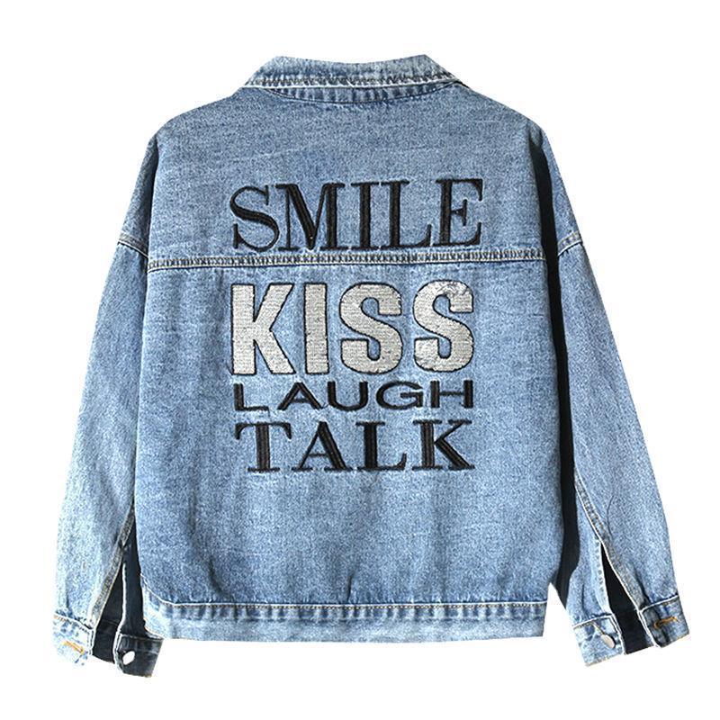 Bat-sleeve Lettering Sequins Embroidered Loose Denim Jacket