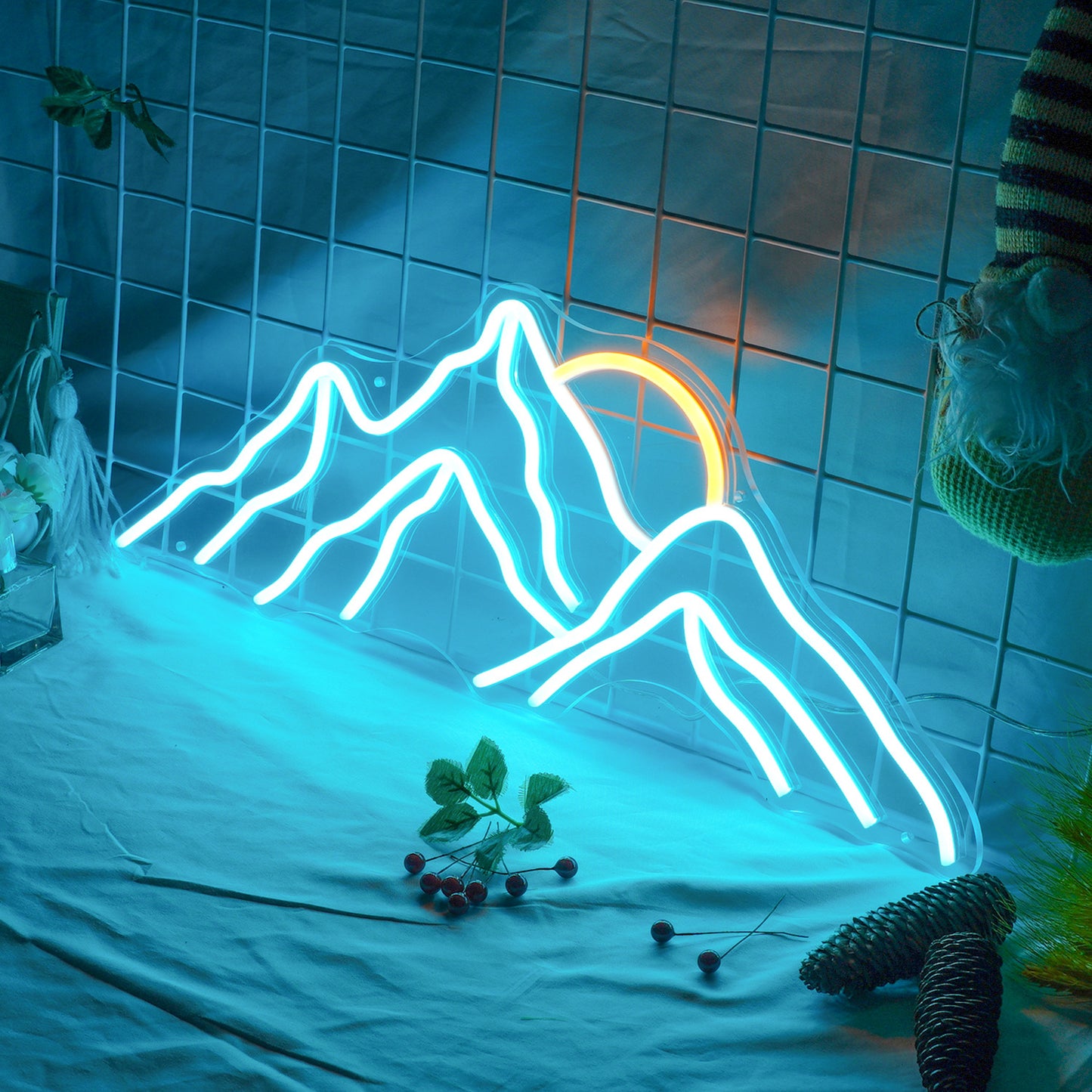 Lumière néon LED en acrylique en forme de montagne, atmosphère de lever de soleil