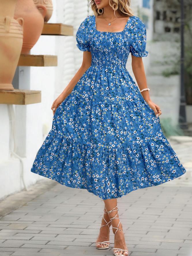 Robe Étagée Imprimé Floral Col Carré Manches Bouffantes