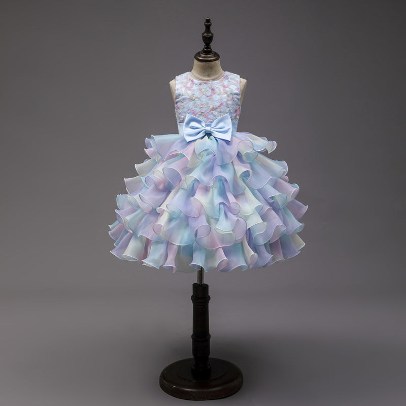 Children's Casual Princess Bow Dress in Pink, Blue, and Bean Paste
