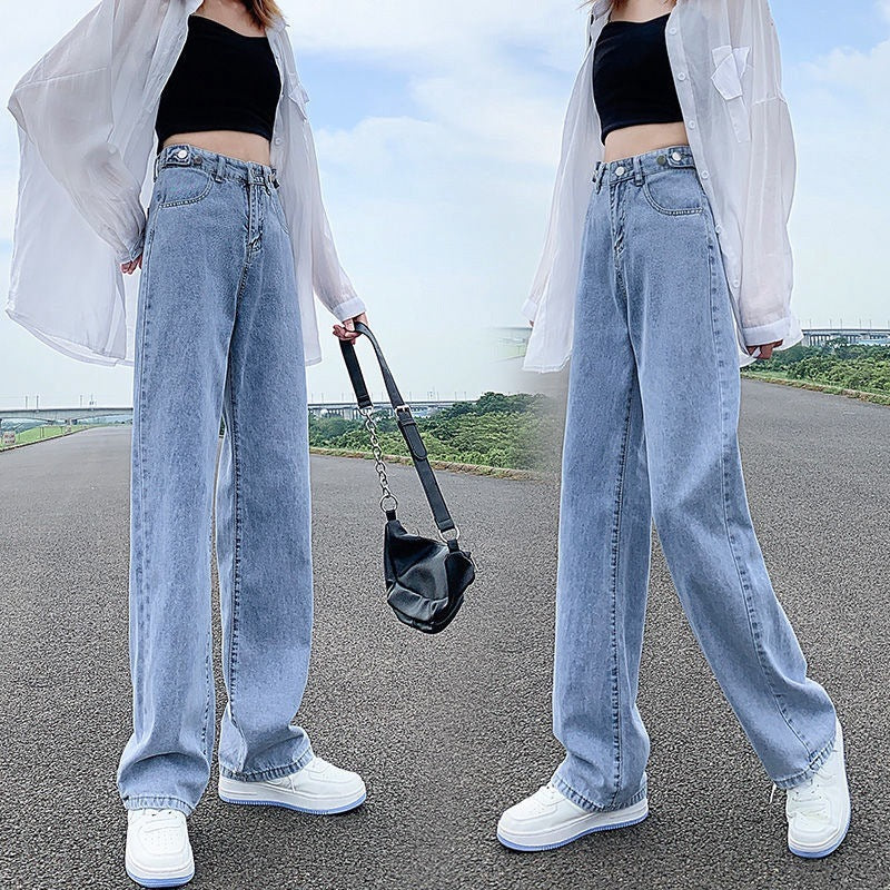 Women's Adjustable High Waist Straight Denim Jeans Loose Fit