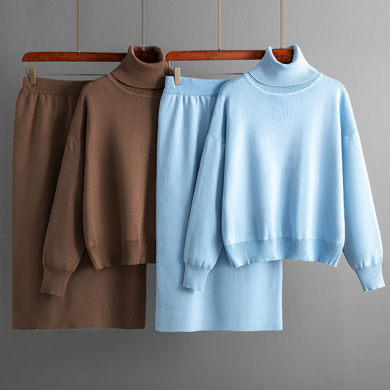 Ensemble deux pièces pull à col roulé uni et jupe fourreau, idéal pour l'automne et l'hiver
